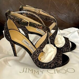 Jimmy Choo wrap around strappy Glitter leather peep Pumps.  Blk Brn Gld glitter